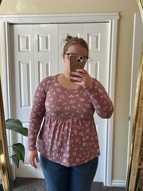 Pink Rose Floral Ribbed Peplum Long-Sleeve Top